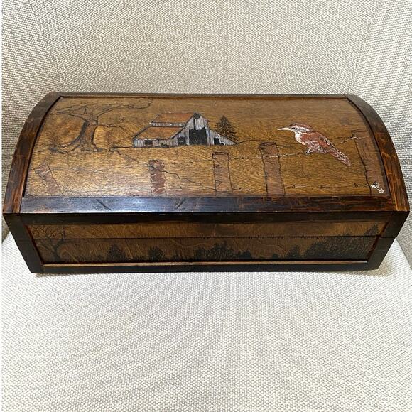 Handmade Wood‎ Handpainted Folk art Box Signed Barn Bird Rural scene Jewelry Box - Picture 1 of 10